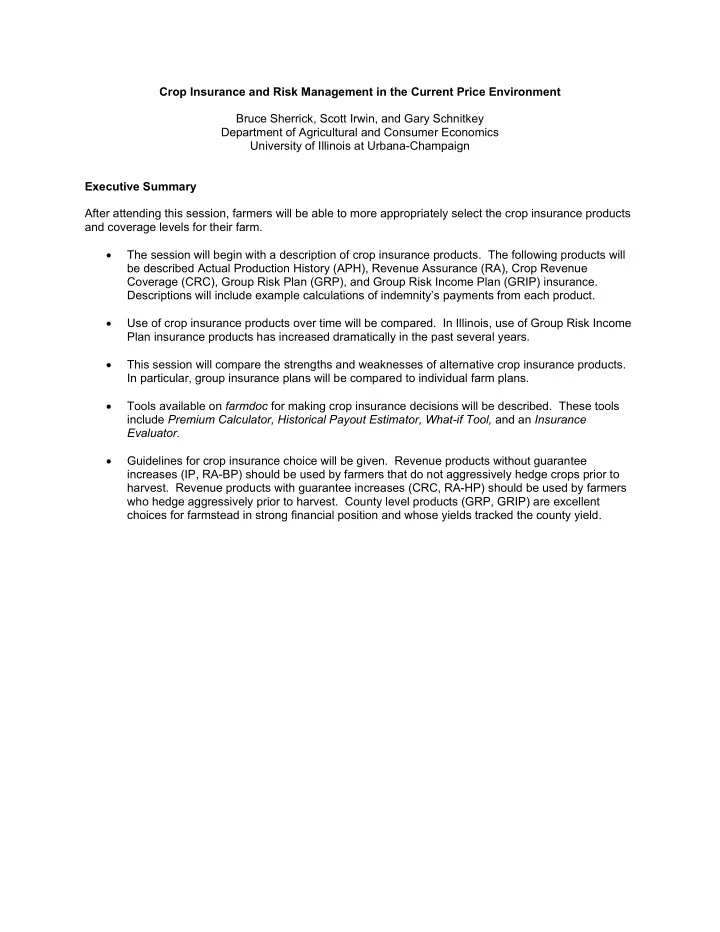 crop insurance and risk management in the current price