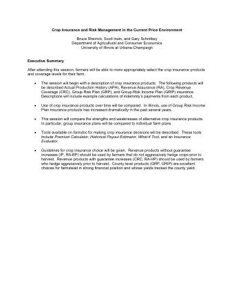 Crop Insurance and Risk Management in the Current Price Environment  Bruce Sherrick, Scott Irwin,
