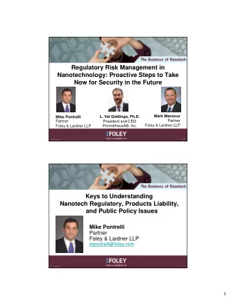 Regulatory Risk Management in  Nanotechnology: Proactive Steps to Take  Now for Security in the