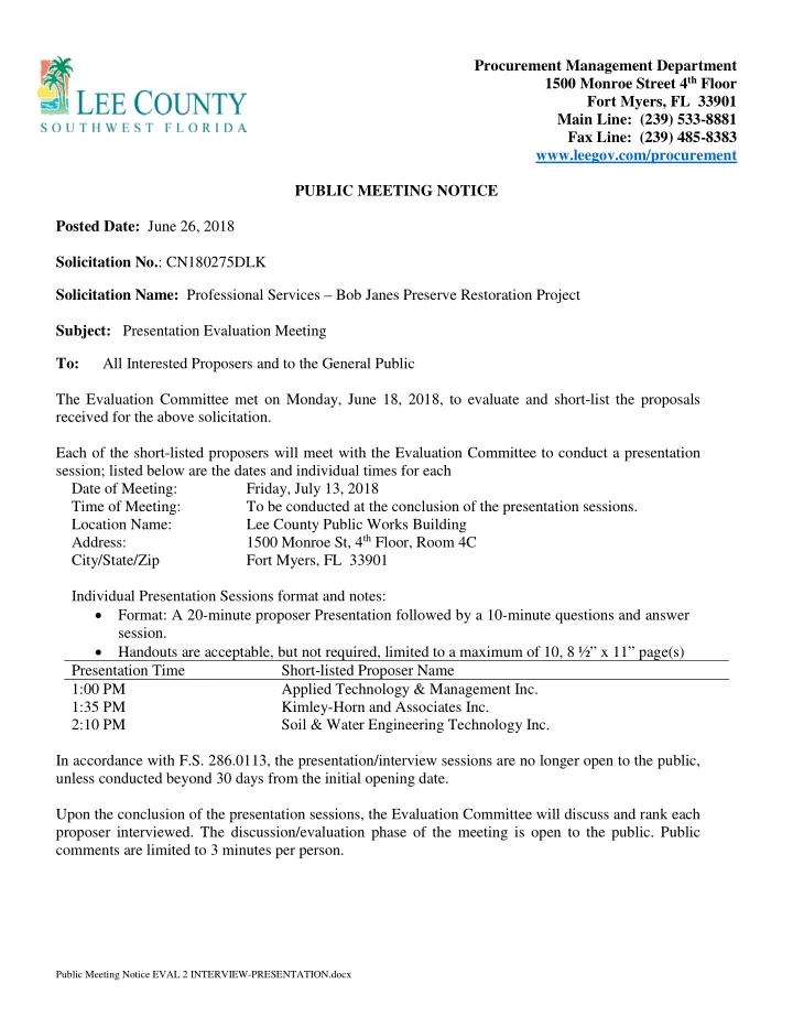 procurement management department 1500 monroe street 4 th