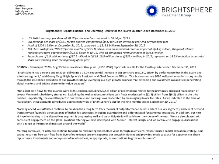 brightsphere reports financial and operating results for