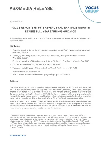 ASX/MEDIA RELEASE  20 February 2018  VOCUS REPORTS H1 FY18 REVENUE AND EARNINGS GROWTH  REVISES
