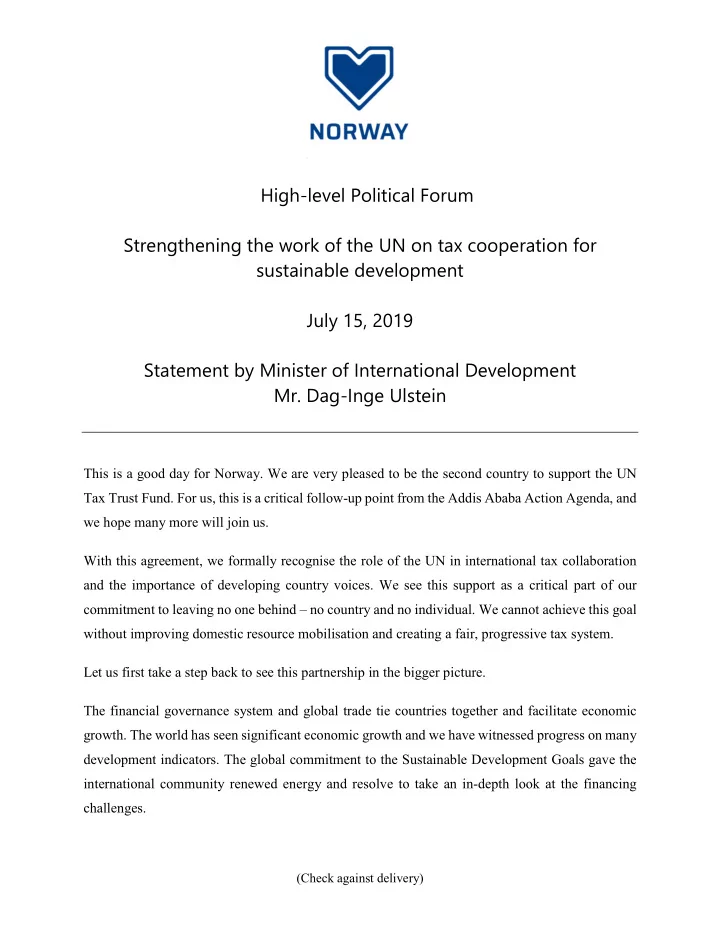 high level political forum strengthening the work of the