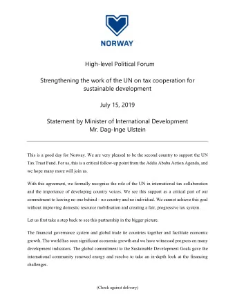 High-level Political Forum  Strengthening the work of the UN on tax cooperation for  sustainable