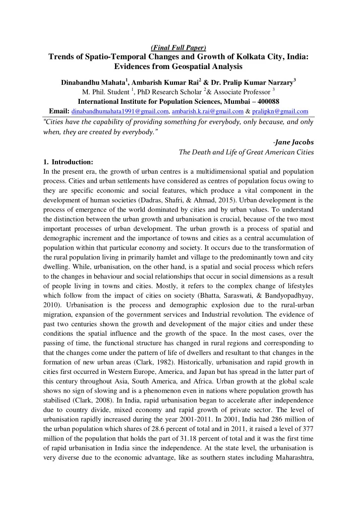 trends of spatio temporal changes and growth of kolkata