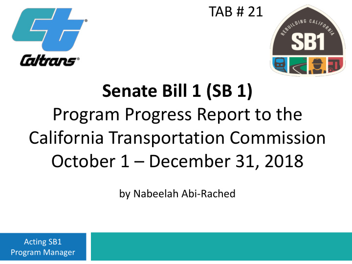 senate bill 1 sb 1 program progress report to the