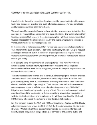 COMMENTS TO THE 2018 ELECTION AUDIT COMMITTEE FOR TML  I would like to thank the committee for