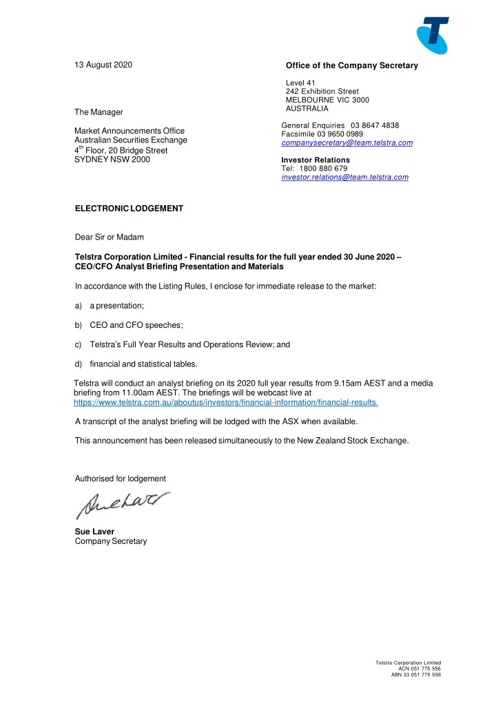 13 august 2020 office of the company secretary level 41