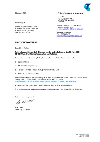 13 August 2020 Office of the Company Secretary  Level 41  242 Exhibition Street  MELBOURNE VIC 3000