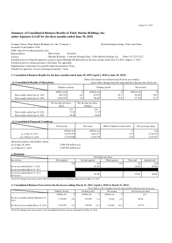 Summary of Consolidated Business Results of Tokio Marine Holdings, Inc.  under Japanese GAAP for