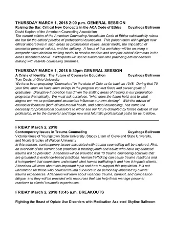 THURSDAY MARCH 1, 2018 2:00 p.m. GENERAL SESSION  Raising the Bar: Critical New Concepts in the ACA