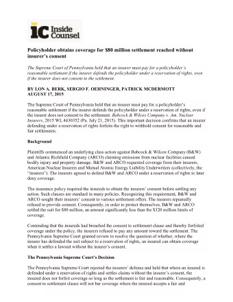 Policyholder obtains coverage for $80 million settlement reached without  insurers consent  The
