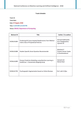 National Conference on Machine Learning and Artificial Intelligence - 2018  Tracks Schedule  Track: