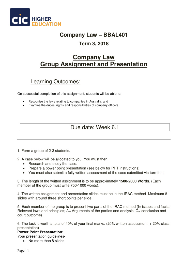 company law bbal401 term 3 2018 company law group