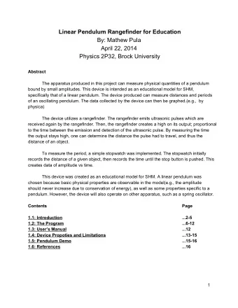 Linear Pendulum Rangefinder for Education  By: Mathew Pula  April 22, 2014  Physics 2P32, Brock