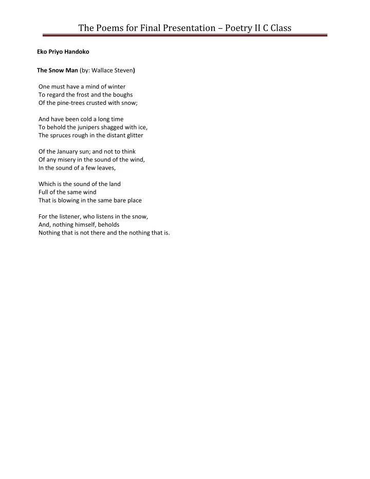 the poems for final presentation poetry ii c class