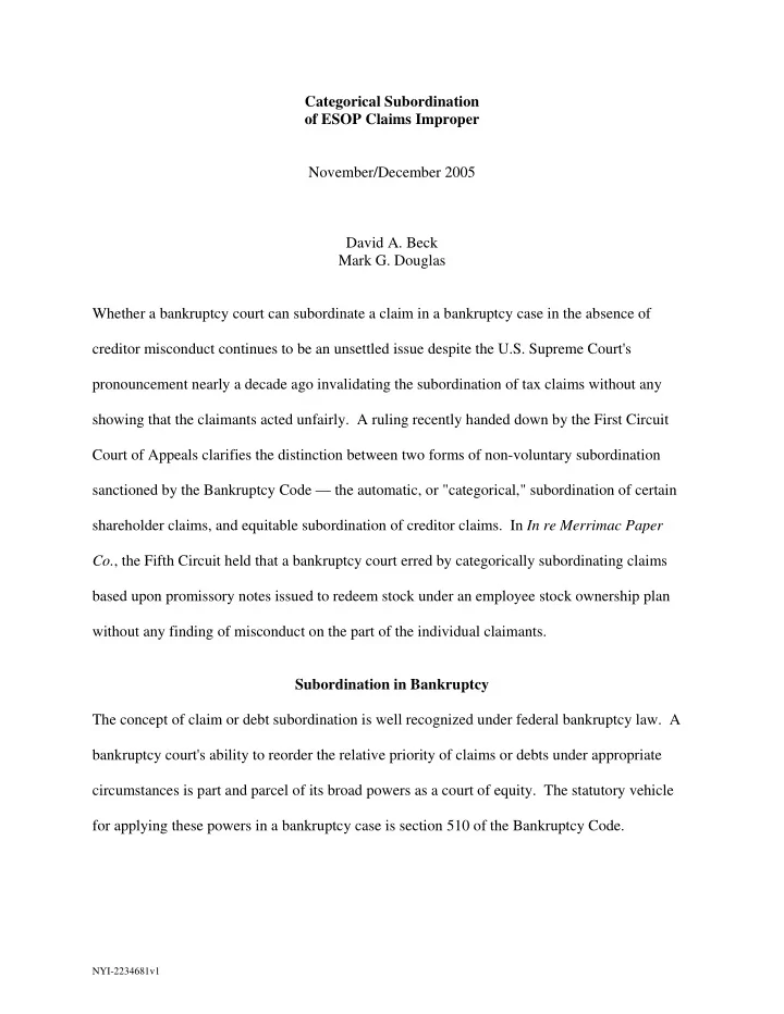 categorical subordination of esop claims improper