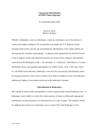 Categorical Subordination of ESOP Claims Improper  November/December 2005  David A. Beck  Mark G.