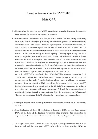Investor Presentation for FY2019H1  Main Q&amp;A Q  Please explain the background of MUFGs