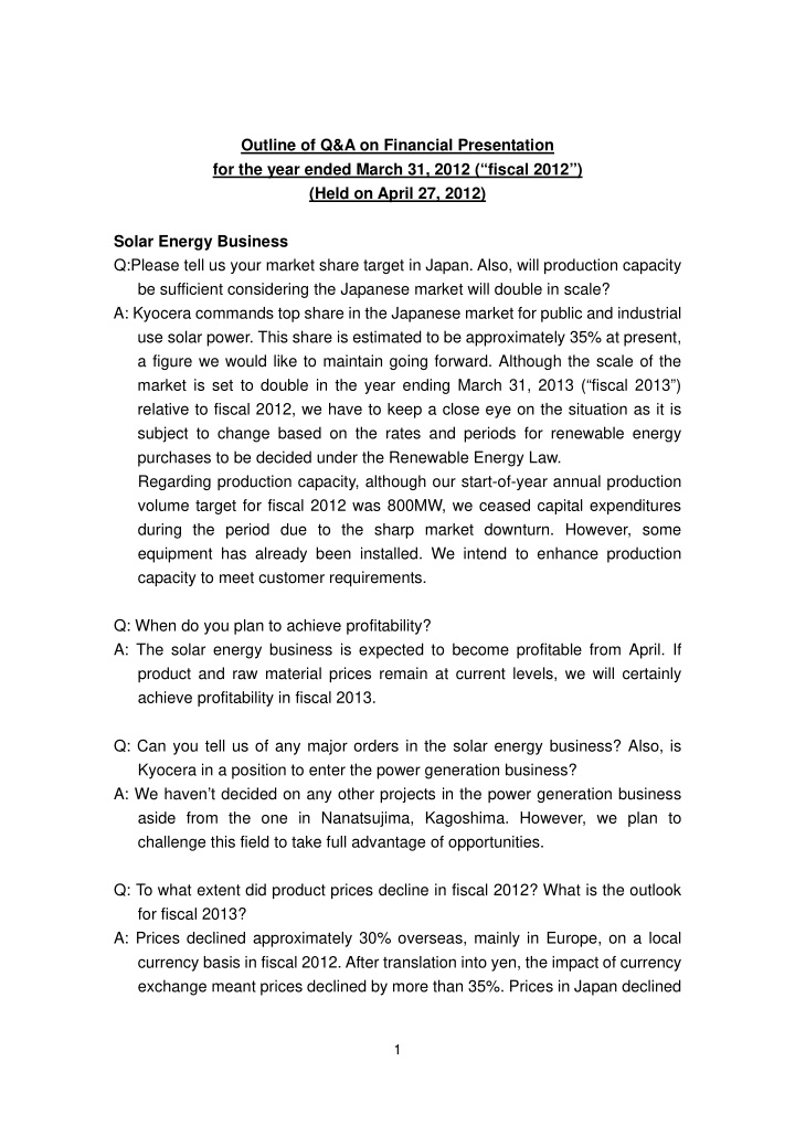 outline of q a on financial presentation for the year