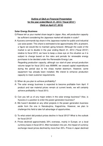 Outline of Q&amp;A on Financial Presentation  for the year ended March 31, 2012 (fiscal 2012)