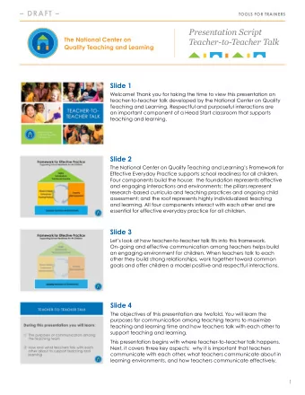 Presentation Script  The National Center on  Teacher-to-Teacher Talk  Quality Teaching and Learning