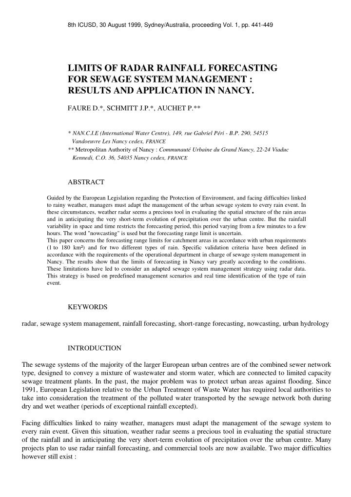 limits of radar rainfall forecasting for sewage system