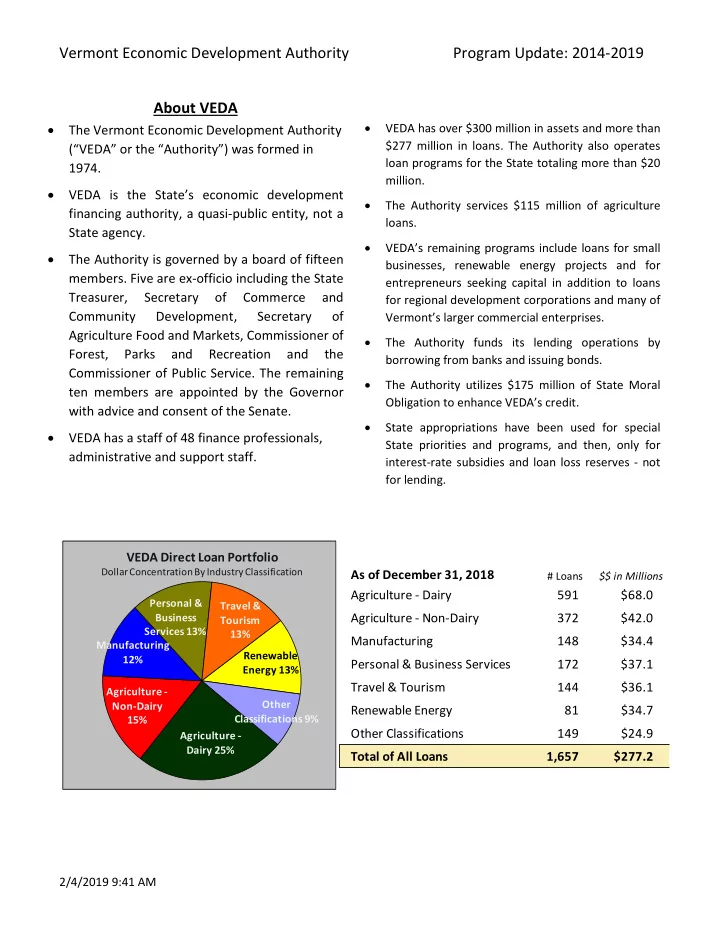 vermont economic development authority program update