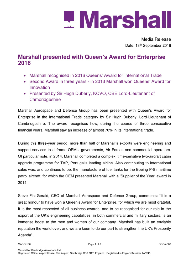 marshall presented with queen s award for enterprise 2016
