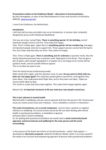 Presentation outline on the Eindhoven Model  alternative to forced psychiatry.  By Jolijn