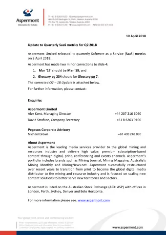10 April 2018  Update to Quarterly SaaS metrics for Q2 2018  Aspermont Limited released its