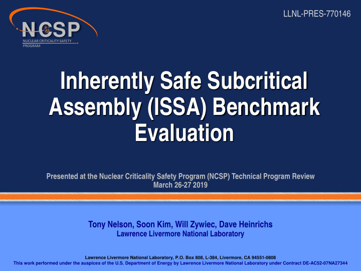 inherently safe subcritical assembly issa benchmark