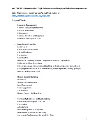NACDEP 2019 Presentation Topic Selections and Proposal Submission Questions  Note:  These must be