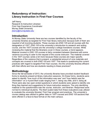 Redundancy of Instruction:  Library Instruction in First-Year Courses  Jeff Henry  Research &amp;