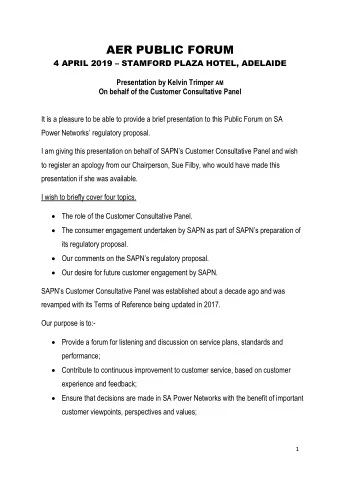 AER PUBLIC FORUM 4 APRIL 2019  STAMFORD PLAZA HOTEL, ADELAIDE Presentation by Kelvin Trimper AM