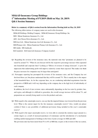 MS&amp;AD Insurance Group Holdings 1 st Information Meeting of FY2019 (Held on May 24, 2019)
