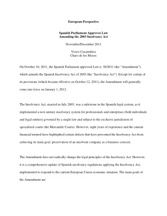 European Perspective  Spanish Parliament Approves Law  Amending the 2003 Insolvency Act