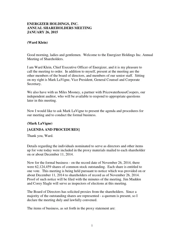 energizer holdings inc annual shareholders meeting