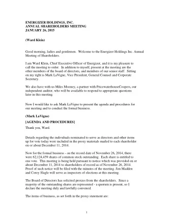 ENERGIZER HOLDINGS, INC.  ANNUAL SHAREHOLDERS MEETING  JANUARY 26, 2015  (Ward Klein)  Good