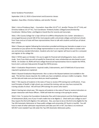 Senior Guidance Presentation  September 10 &amp; 12, 2019 in Government and Economics classes