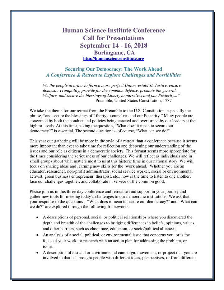 human science institute conference call for presentations