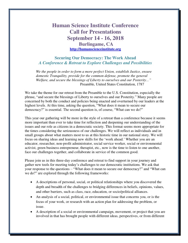 human science institute conference call for presentations