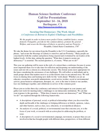 Human Science Institute Conference  Call for Presentations  September 14 - 16, 2018  Burlingame, CA