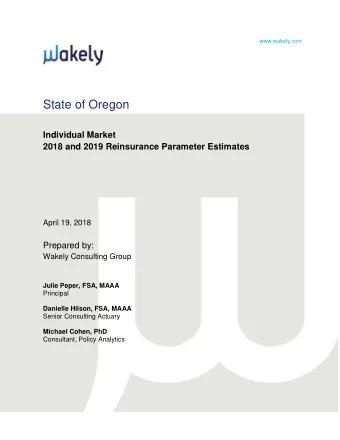 State of Oregon  Individual Market  2018 and 2019 Reinsurance Parameter Estimates April 19, 2018