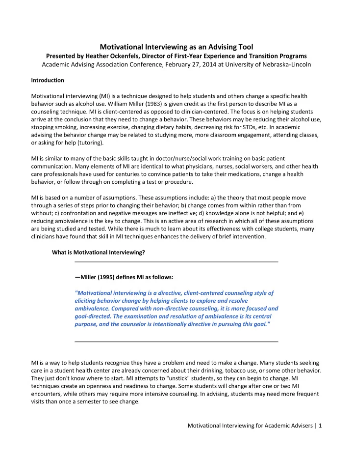 motivational interviewing as an advising tool