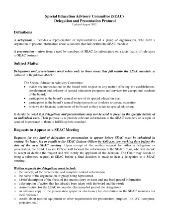 Special Education Advisory Committee (SEAC)  Delegation and Presentation Protocol  Updated August