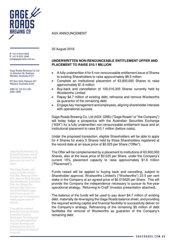 asx announcement 30 august 2016 underwritten non