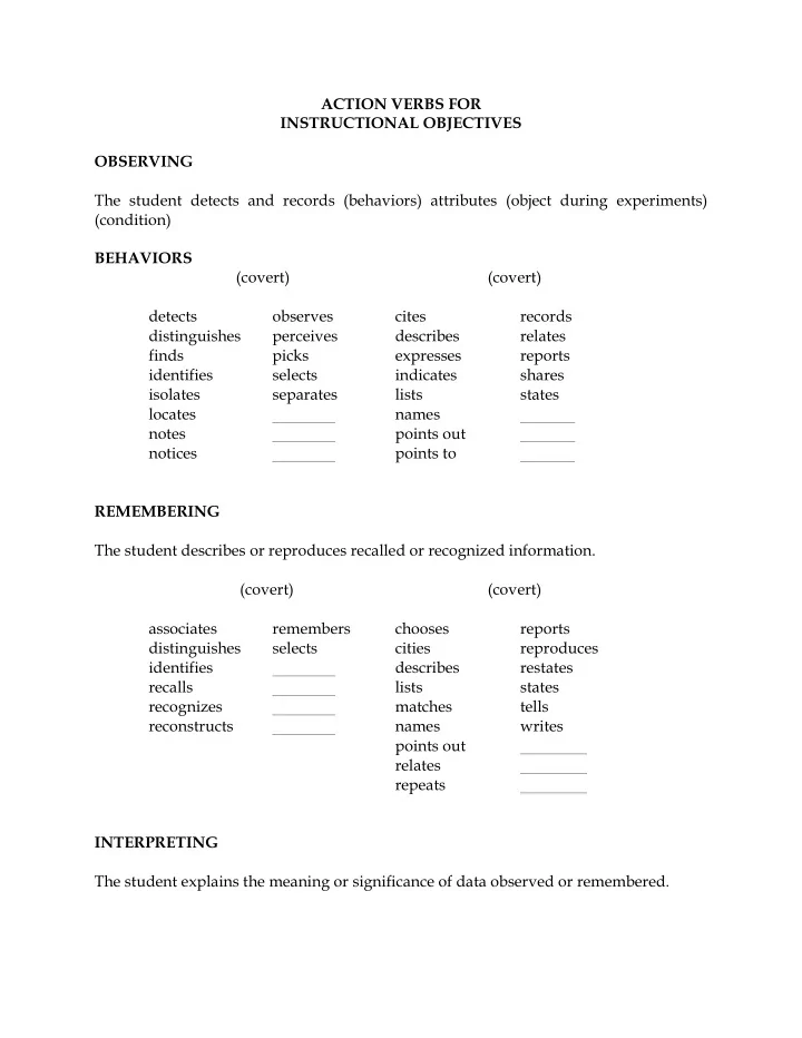 action verbs for instructional objectives observing the