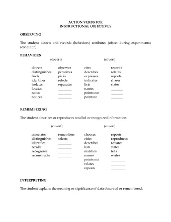 ACTION VERBS FOR  INSTRUCTIONAL OBJECTIVES OBSERVING  The student detects and records (behaviors)