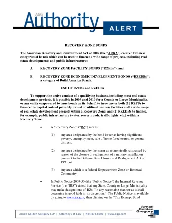 RECOVERY ZONE BONDS  The American Recovery and Reinvestment Act of 2009 (the ARRA) created